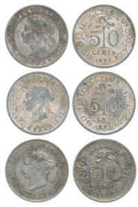 Ceylon, Victoria Queen, Silver 50 Cents (3), 1893 & 1895, (KM Y10). Fine+.