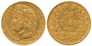 France, Louis Philip I, Gold 20 Francs, 6.5g, 1839, Shield on rev. Very Fine+, Rare.