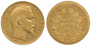 France, Napoleon III, Gold 20 Francs, 6.4 g, 1859A (KM 781.1). Very Fine+.