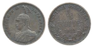 German East Africa, Silver ¼ Rupee, 1912. Nice toning, Very Fine+.