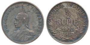 German East Africa, Silver ½ Rupee, 1907. Very Fine+.