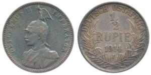 German East Africa, Silver ½ Rupee, 1914. Nice blue toning, Very Fine+.