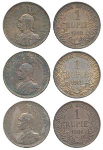 German East Africa, Wilhelm II, Silver Rupie / Rupee, 1906, 1910 and 1911. Very Fine to Ab