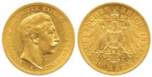 Germany, Prussia, Wihelm II, Gold 20 Mark, 8g, Berlin Mint, 1894 (KM 521). Very Fine+, Sca