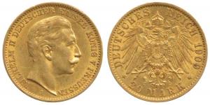 Germany, Prussia, Wihelm II, Gold 20 Mark, 8g, Berlin Mint, 1909 (KM 521). Very Fine+, Sca