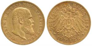 Germany, Wurttemberg, Karl I, Gold 3.94g, 10 Mark, 1896. About Extremely Fine, Scarce.