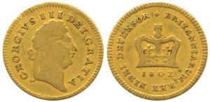 Great Britain, George III, Gold 1/3 Sovereign, 2.8g, 1802. About Very Fine, Rare.