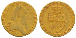 Great Britain, George III, Gold ½ Sovereign, 4g, 1791, Shield on rev. Fine+, Rare.