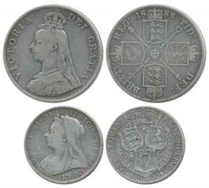 Great Britain, Victoria Queen, Double Florin, 22g, 1888; Silver Florin or 2 Shillings, 190