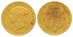 Great Britain, Victoria Queen, Gold ½ Sovereign, 4g, Young head, Shield on rev. 1843. Abou