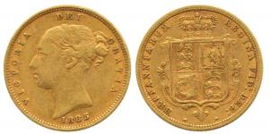 Great Britain, Victoria Queen, Gold ½ Sovereign, 4g, Young head, Shield on rev. 1885. Very