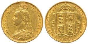 Great Britain, Victoria Queen, Gold ½ Sovereign, 4g, Jubilee head, Shield on rev. 1892. Ve