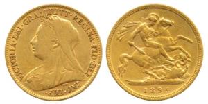 Great Britain, Victoria Queen, Gold ½ Sovereign, 4g, veiled head bust, 1894. Fine+, Rare.