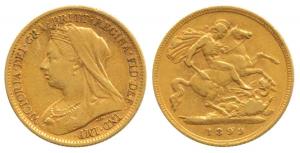 Great Britain, Victoria Queen, Gold ½ Sovereign, 4g, veiled head bust, 1899. About Very Fi