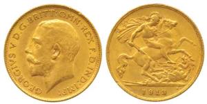 Great Britain, George V, Gold ½ Sovereign, 4g, 1913 (KM 819). Very Fine.