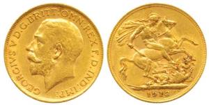 Great Britain, George V, Gold Sovereign, 8g, 1913. About Extremely Fine.