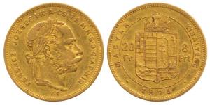 Hungary, Franz Joseph I, Gold 8 Forint, 20 Francs, 8g, 1875, shield on rev. Very Fine+, Ra