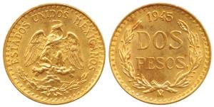 Mexico, Gold Dos or 2 Pesos, 1945, eagle holding a snake in its beak, (KM 461). Uncirculat
