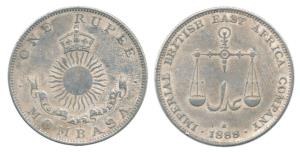 Mombasa, Silver Rupee, 11.64g, 1888 H (KM 5). Very Fine+, Scarce.