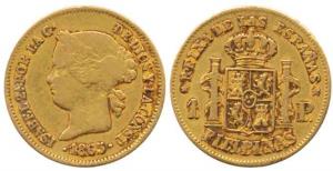 Philippines, Isabelle II, Gold 1 Peso, 1.64g, 1865, crowned arms and pillars divide the va