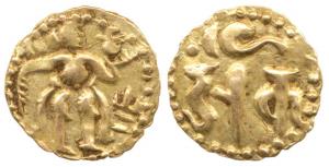 Sri Lanka, Chola Gold Fanam or 1/8 Pagoda, 0.5g, obv. king standing, rev. Nagari legend Da
