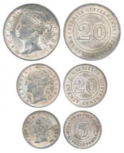 Straits Settlements, Queen Victoria, Silver 20 (2 different varieties) and 5 Cents, 1878, 