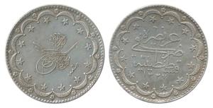 Turkey, Silver 20 Kurush, 24g, AH 1327/9, toughra within star border and crescent wreath o