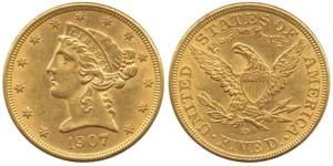 United States of America, Gold $5, 8.3g, 1907, Liberty Head on obv., motto above eagle on 