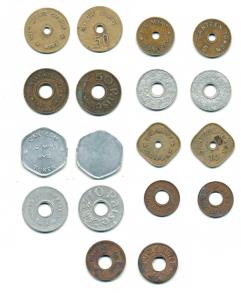 Canteen Tokens (9) of Bombay Mint, Calcutta Mint and Hyderabad Mint, different denominatio