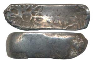 Punch-marked, Gandhara Janapada, Silver bent bar, 11.14g, Shatamana, six armed symbol at e