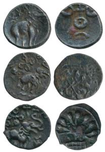 Satavahanas, Satakarni I, Potin Karshapana, elephant walking to right with Brahmi legend a