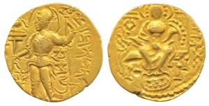Guptas, Samudragupta (c. 335-380 AD) Gold Dinar, 7.6g, Sceptre type, obv. king nimbate sta