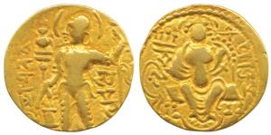 Guptas, Samudragupta, Gold Dinar, 7.18g, Sceptre type, obv. king nimbate standing left wea