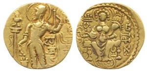 Guptas, Samudragupta, Gold Dinar, 7.46g, Sceptre type, obv. king nimbate standing left, ho
