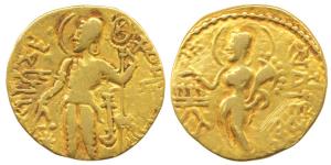 Guptas, Samudragupta, Gold Dinar, 7.13g, Kacha type, obv. king standing to left, holding a