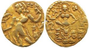 Guptas, Chandragupta II, Gold Dinar, 7.67g, Archer type, king nimbate, standing left, hold