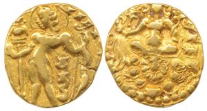 Guptas, Chandragupta II, Gold Dinar, 7.76g, Archer type, king nimbate, standing left, hold