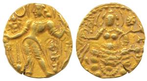 Guptas, Chandragupta II, Gold Dinar, 8.3g, Archer type, obv. king nimbate, standing left h
