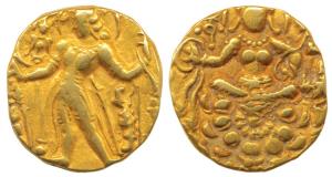 Guptas, Chandragupta II, Gold Dinar, 8.18g, Archer type, obv. king nimbate, standing left 