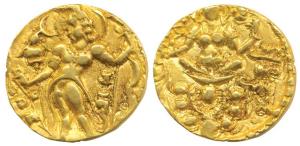 Guptas, Chandragupta II, Gold Dinar, 7.88gm, Archer type, obv. king nimbate, standing left