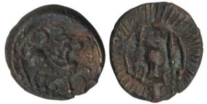 Vishnukundin Dynasty, Copper base alloy Unit, 8.4g, obv. lion to right with upraised paw, 