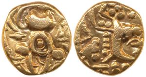 Karkotakas of Kashmir, Pratapaditya, Base Gold, 7.45g, seated goddess with legend on obv. 