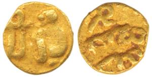 Imperial Cholas, Raja Raja I, Gold Fanam, 0.42g, obv. lion seated looking left, rev. tamil