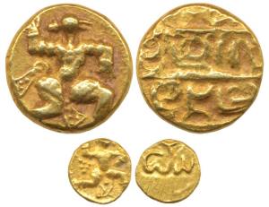 Telugu-Chodas of Nellore, Irungola II, Gold Pagoda and Fanam, warrior walking to right wit