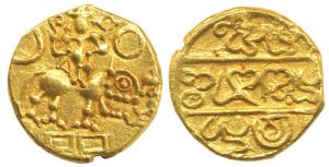 Hoyasalas of Dorasamudra, Vishnuvardhan (1106-1153 AD), Gold Pagoda, 4.1g, Vishnu seated o
