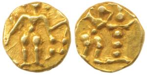 Hoysalas, Gold Fanam, 0.4g, obv. four armed Vishnu standing, rev. Garuda. Very Fine+, Very