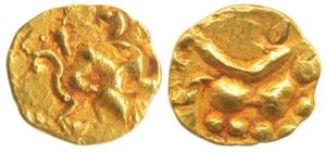 Hoysalas, Gold Fanam, 0.4g, obv. mythical deity; Hoysala lion to right. Very Fine+, Very R