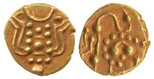 Hoysalas, Gold Fanam, 0.38g, obv. Lakshmi, rev. lion, a variant of Hoysala Fanam. Extremel