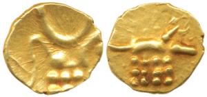 Hoysalas, Vira Raya, Gold Fanam, 0.40g, obv. stylized lion standing right with crescent ab