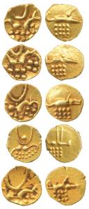 Hoysalas, Vira Raya, Gold Fanam, 0.40g, obv. stylized lion standing right with crescent ab